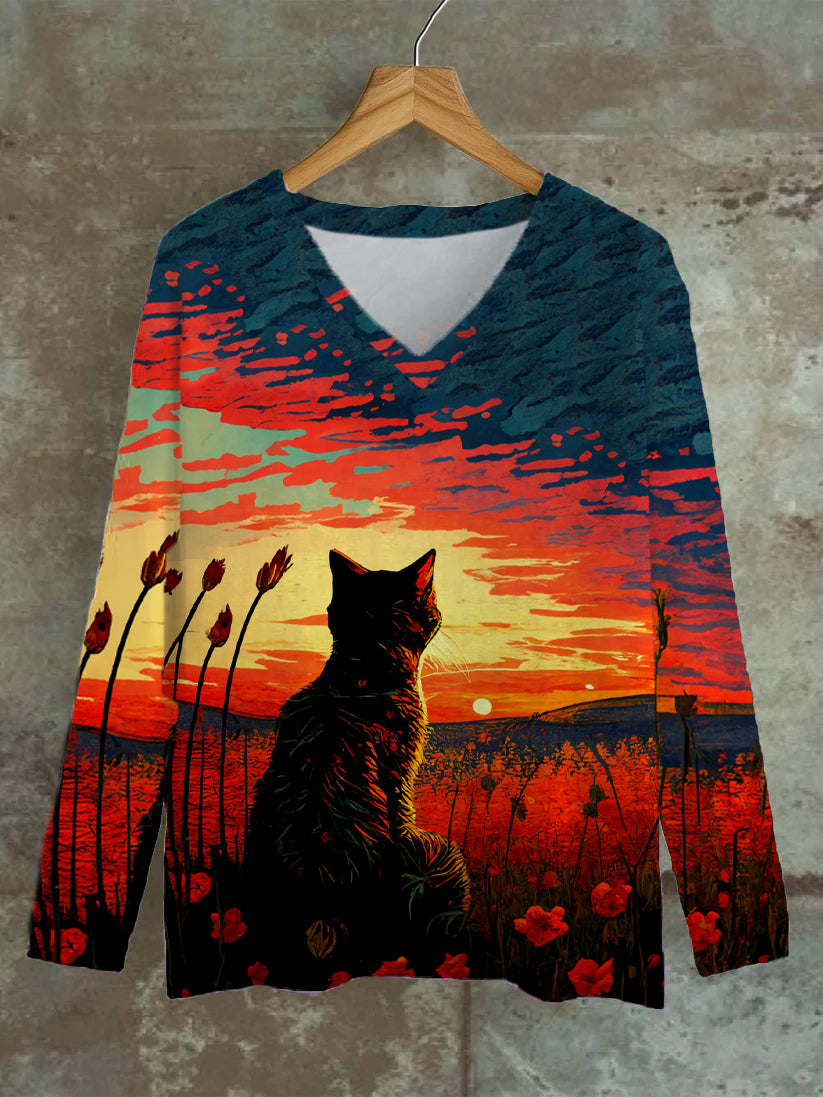 Retro Cat Art Print Casual V Neck Long Sleeve Top