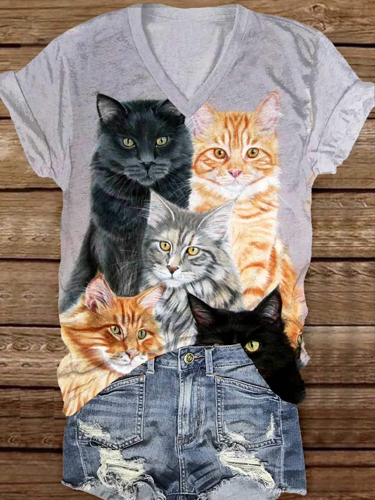 Retro Cat Art Print Casual V-Neck Short-Sleeved T-Shirt