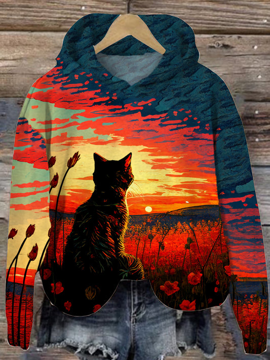 Retro Cat Art Print Casual Long Sleeve Hooded Sports Top