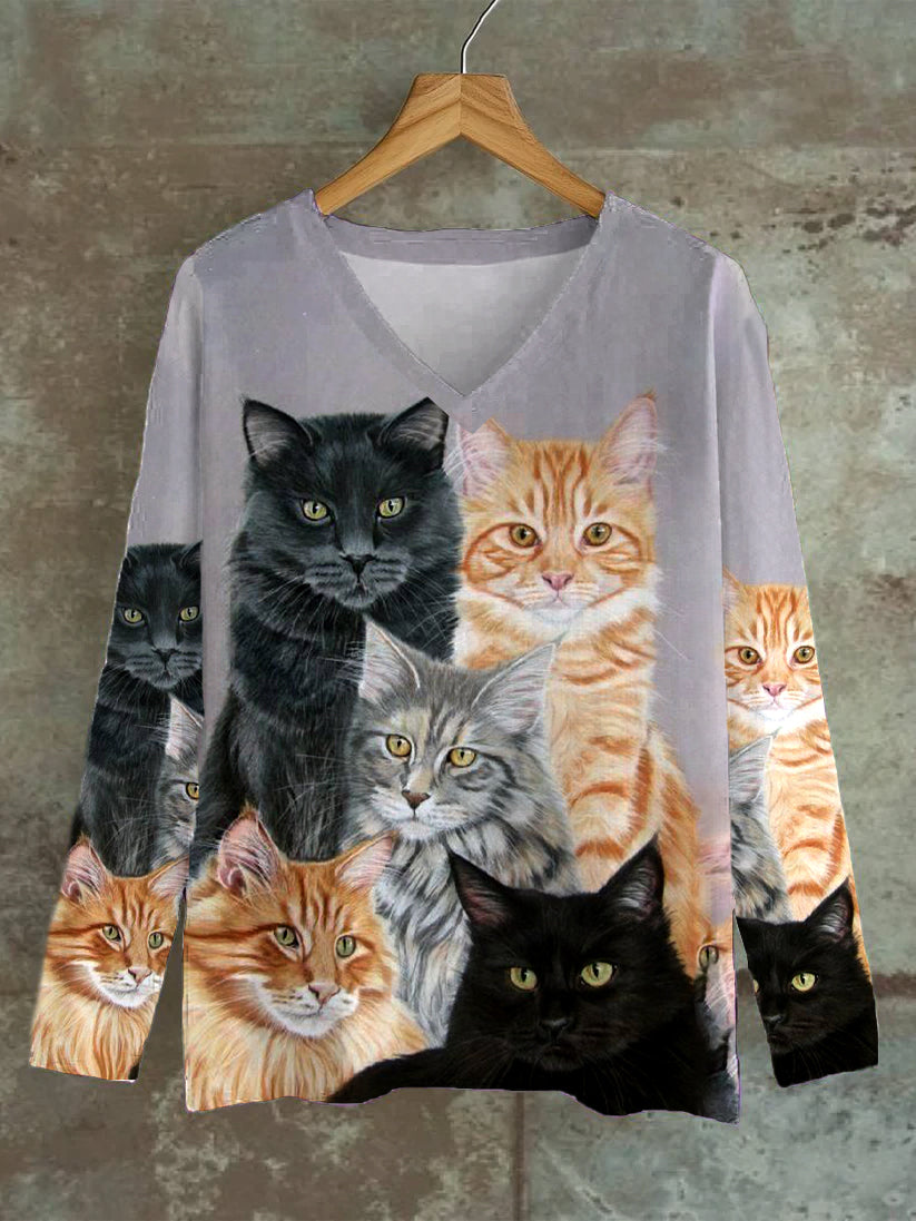 Retro Cat Art Print Casual V Neck Long Sleeve Top