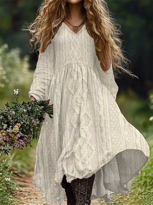 Retro Art Print V-Neck Elegant And Chic Loose Long Sleeve Midi Dress