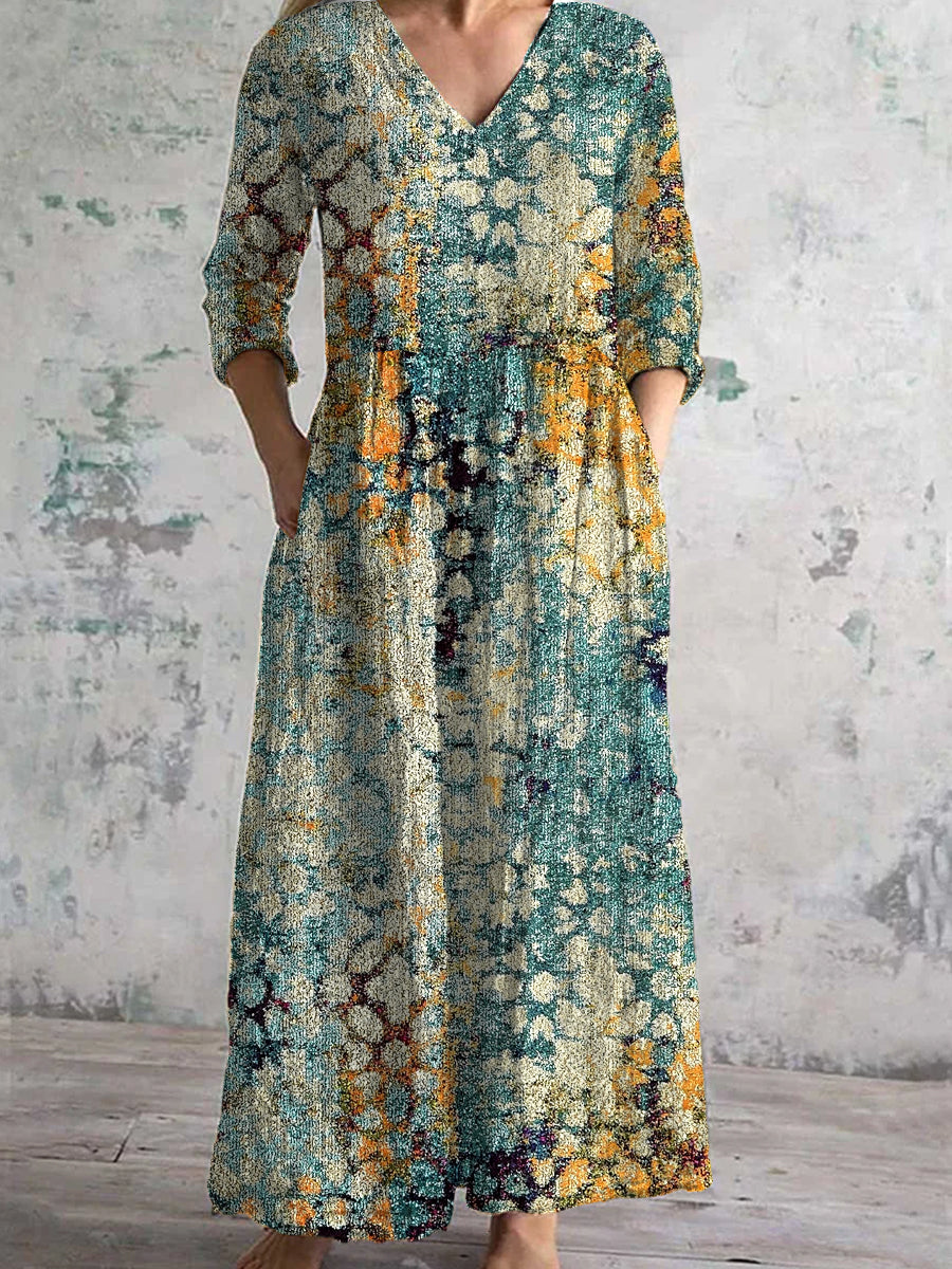 Vintage Floral Art Print Chic V Neck Three Quarter Sleeves Elegant Midi Dress