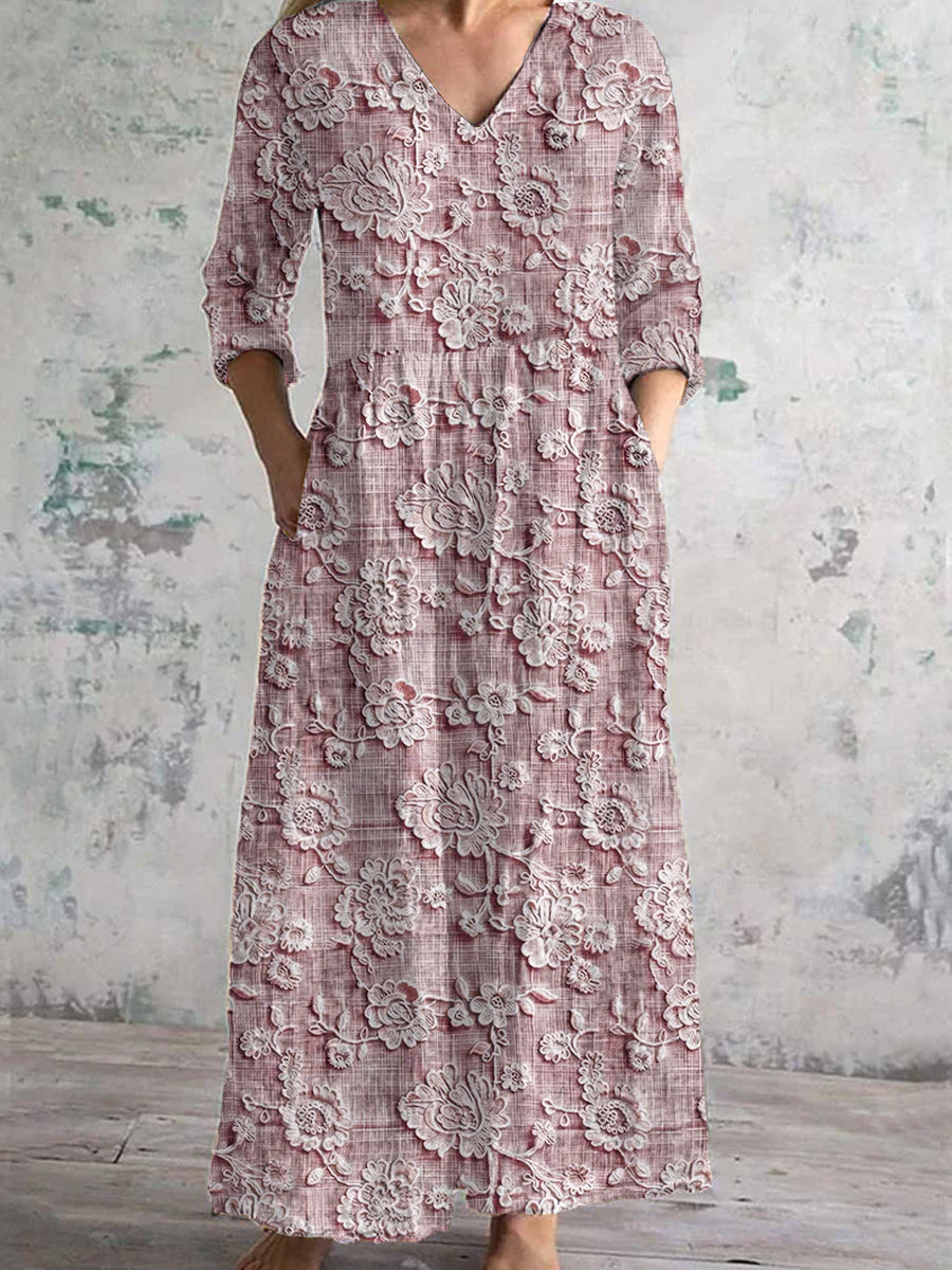 Vintage Floral Art Print Chic V Neck Three Quarter Sleeves Elegant Midi Dress