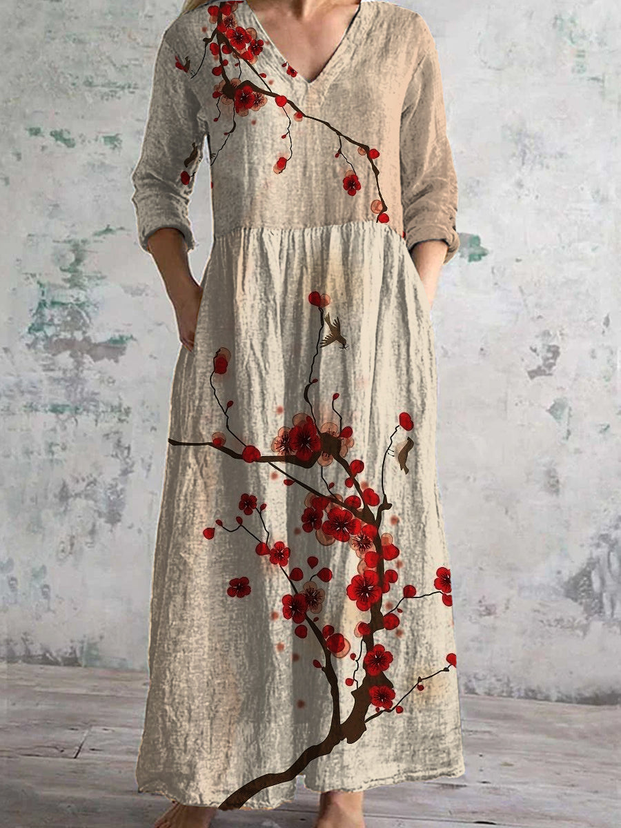 Vintage Floral Art Print Chic V Neck Three Quarter Sleeves Elegant Midi Dress