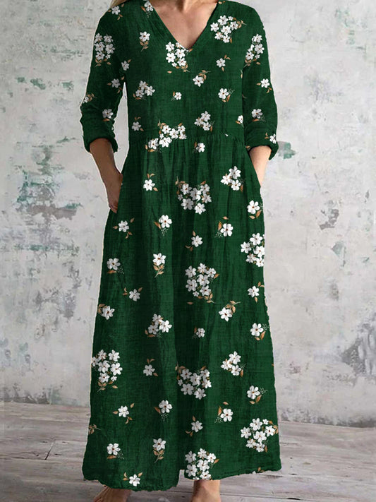 Vintage Floral Art Print Chic V Neck Three Quarter Sleeves Elegant Midi Dress