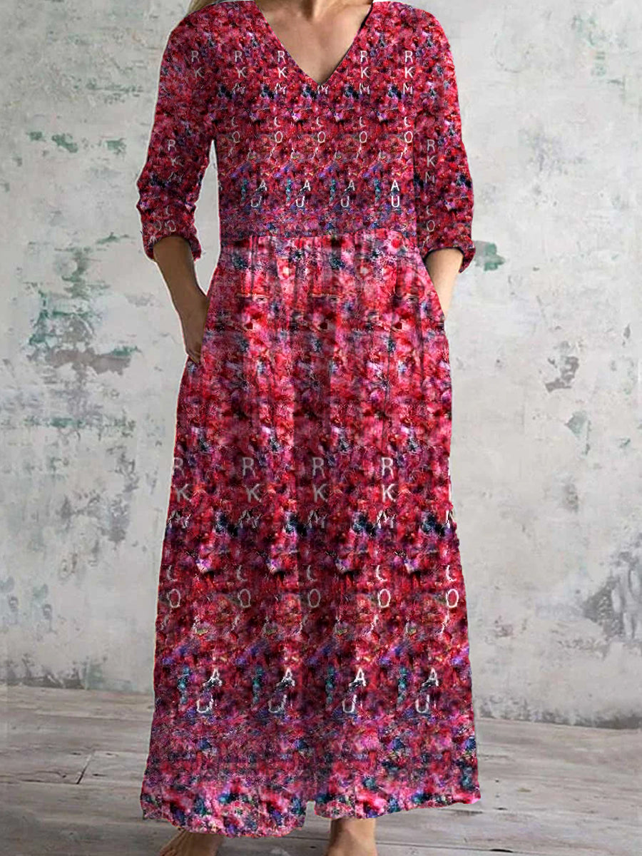 Vintage Floral Art Print Chic V Neck Three Quarter Sleeves Elegant Midi Dress