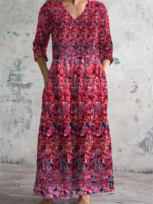 Vintage Floral Art Print Chic V Neck Three Quarter Sleeves Elegant Midi Dress