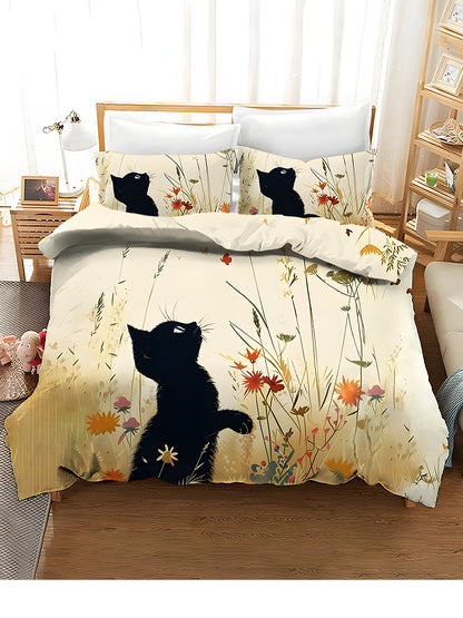 3-Piece Bedding Set With Artistic Cat Print