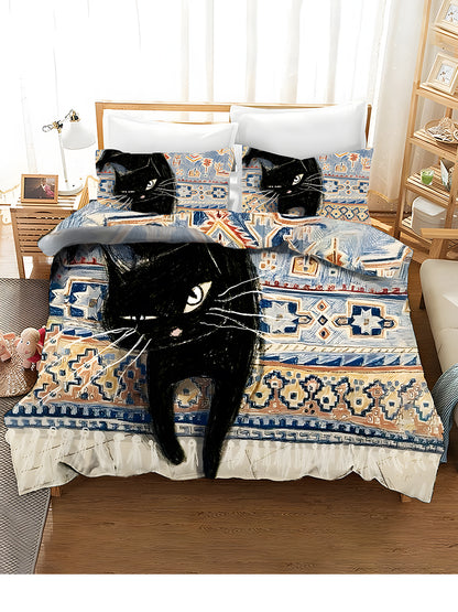 3-Piece Bedding Set With Artistic Cat Print