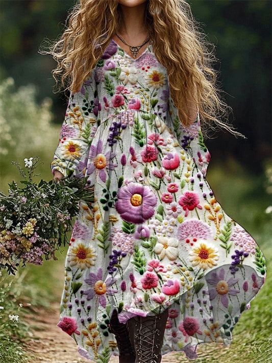 Vintage Floral Art Print V Neck Elegant Chic Loose Long Sleeve Midi Dress