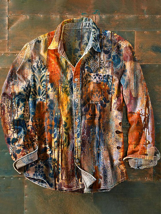 Unisex Vintage Oil Painting Pattern Printed Cotton Lapel Long Sleeve Pocket Shirt