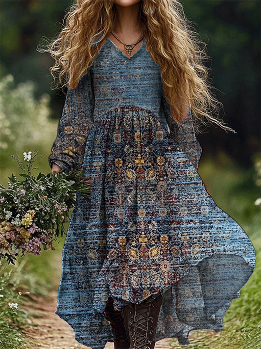 Vintage  Art Print V-Neck Elegant Chic Loose Long Sleeve Midi Dress