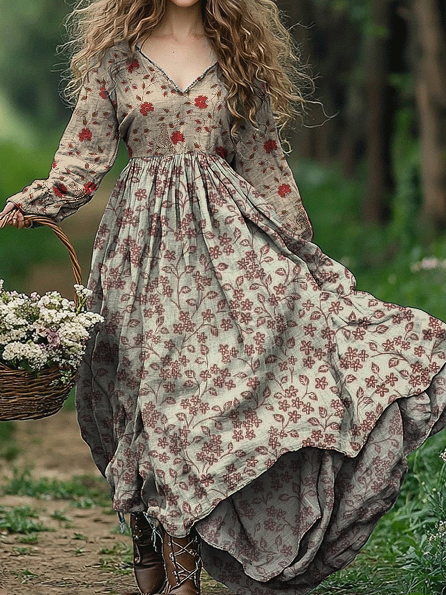 Vintage Floral Art Print V-Neck Elegant Chic Loose Long Sleeve Midi Dress