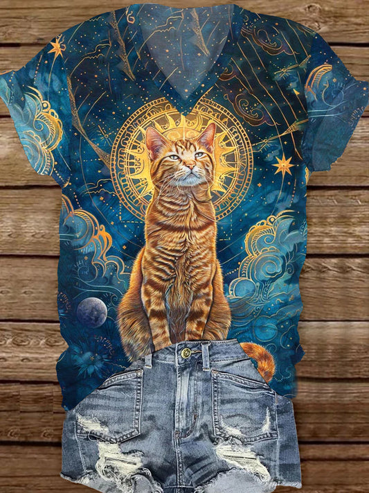 Retro Abstract Gradient Cat Art Print Casual T-Shirt