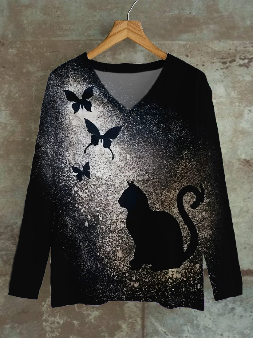 Retro Abstract Gradient Cat Art Print Casual Top