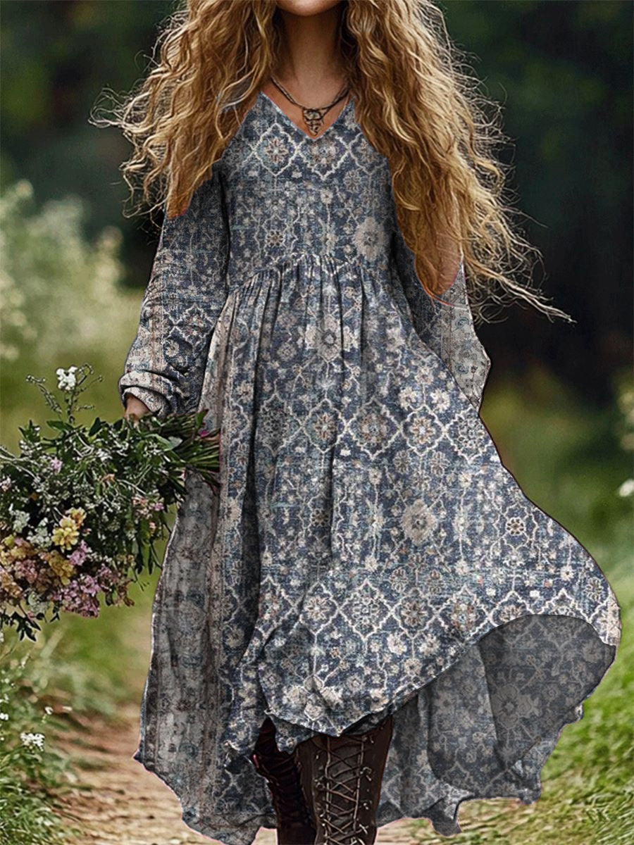 Vintage Floral Art Print V Neck Elegant Chic Loose Long Sleeve Midi Dress