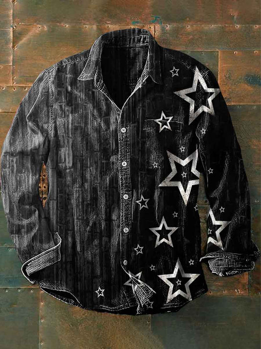 Unisex Men's Vintage Striped Stars Abstract Print Casual Long Sleeve Shirt