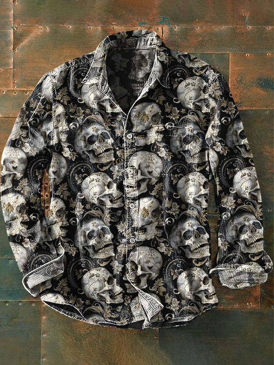 Men's Vintage Skull Floral Print Casual Long Sleeve Shirt