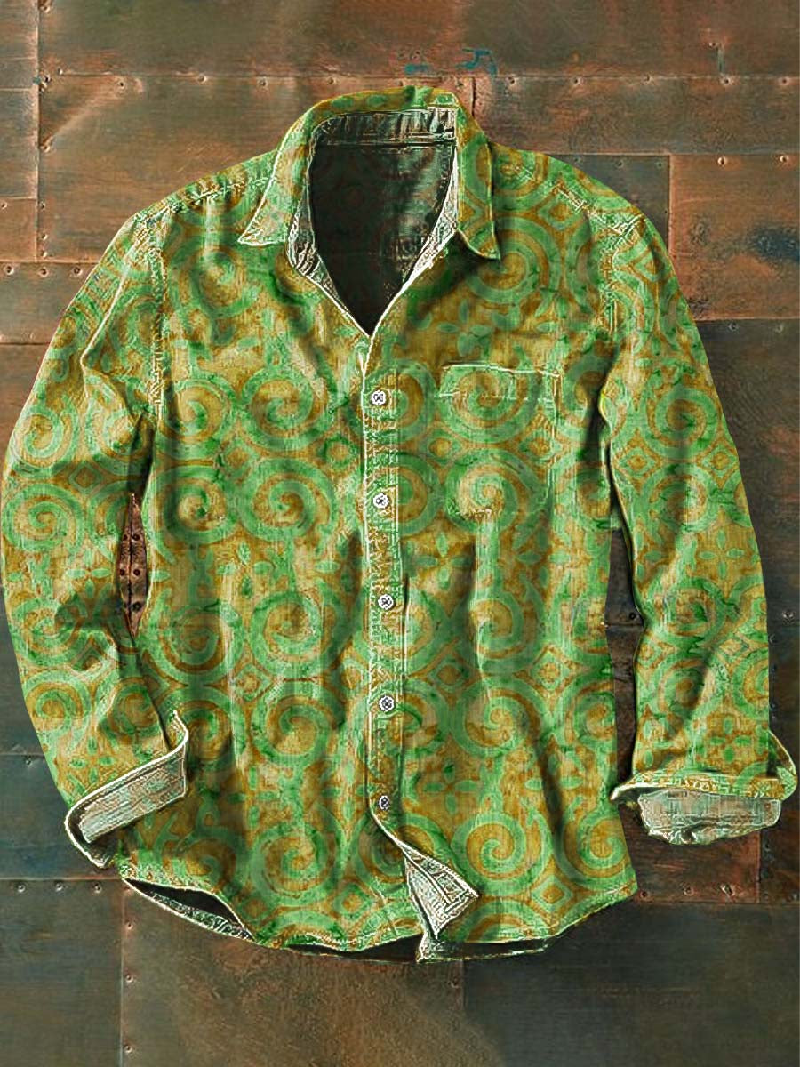 Men's Vintage Western Print Casual Long Sleeve Shirt