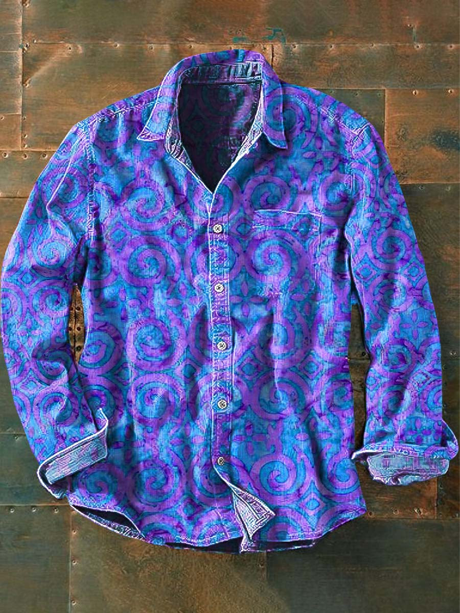 Men's Vintage Western Print Casual Long Sleeve Shirt