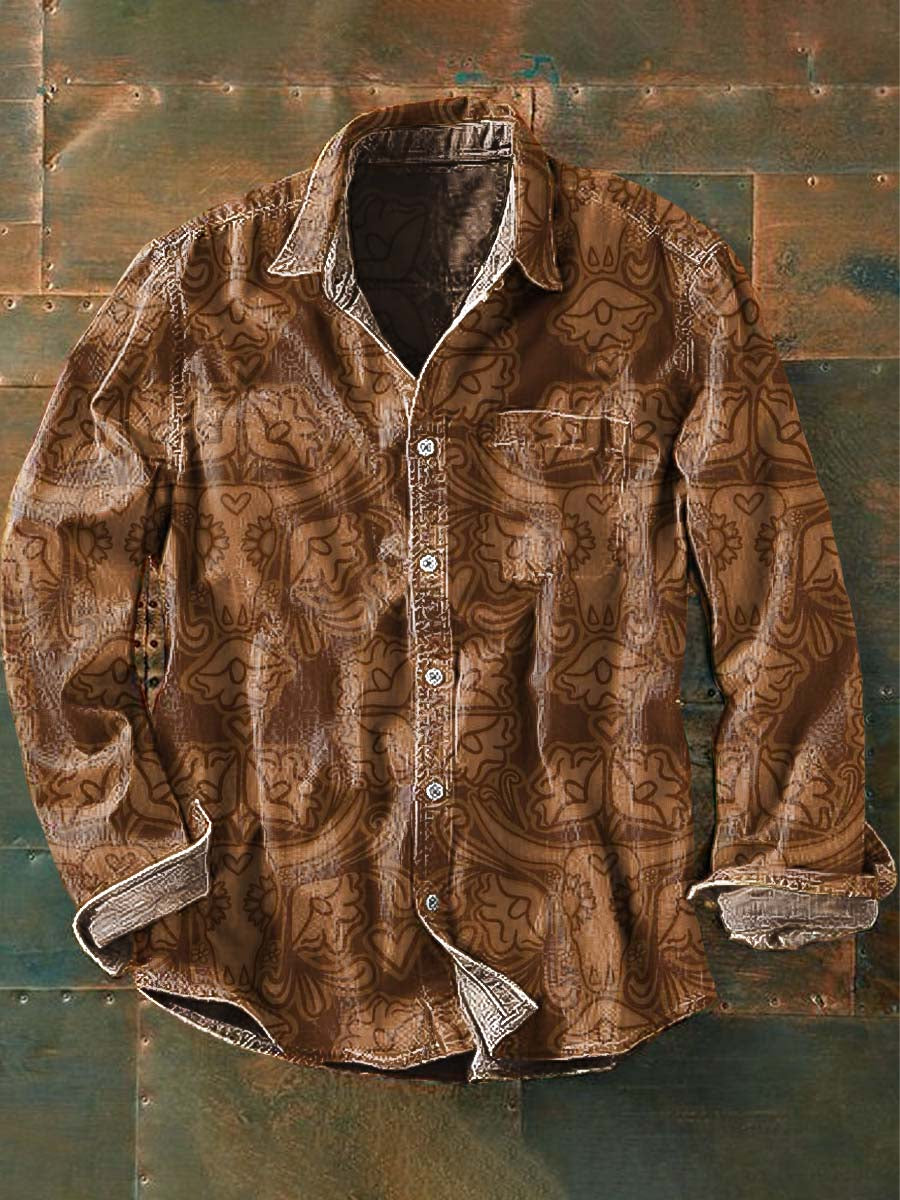 Men's Vintage Western Print Casual Lapel Long Sleeve Shirt