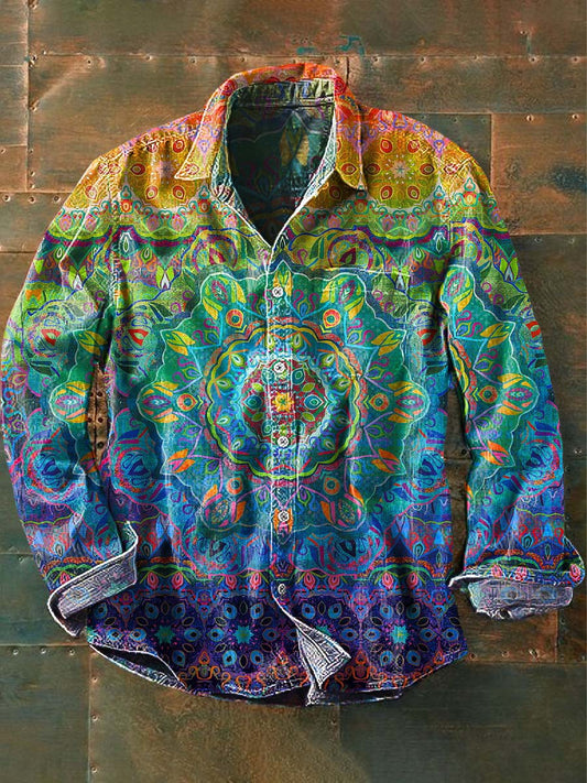 Men's Colorful Vintage Floral Print Casual Lapel Long Sleeve Shirt