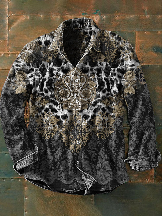 Unisex Men's Retro Graphic Ethnic Floral Print Casual Long Sleeve Shirt