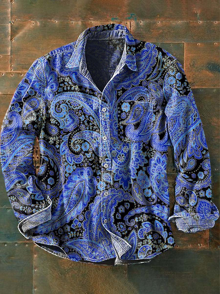 Men's Vintage Cashew Flower Print Casual Lapel Long Sleeve Shirt