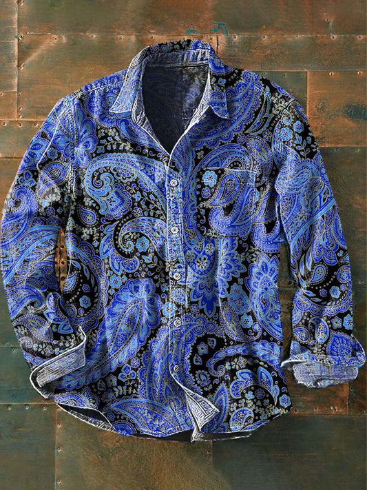 Men's Vintage Cashew Flower Print Casual Lapel Long Sleeve Shirt