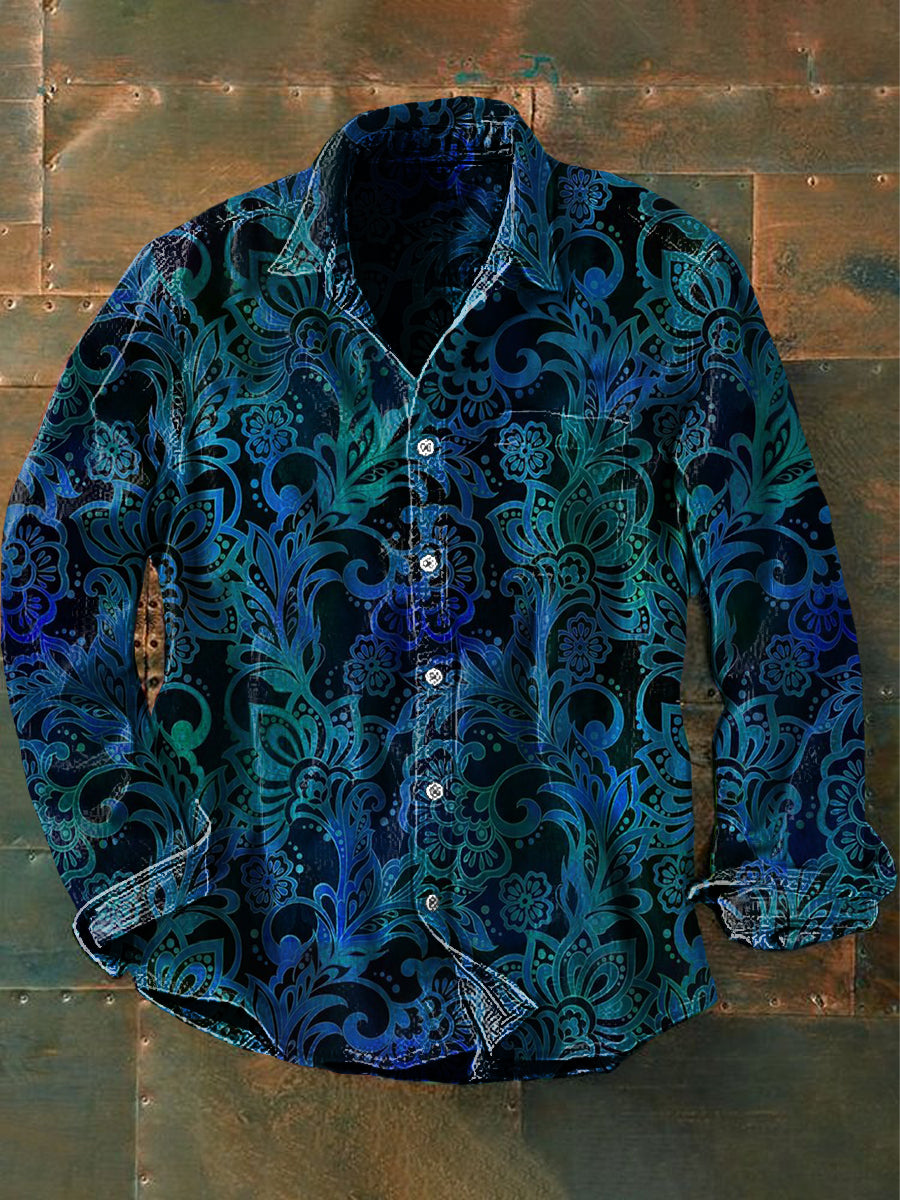 Men's Vintage Hippie Perris Flower Abstract Print Casual Long Sleeve Shirt