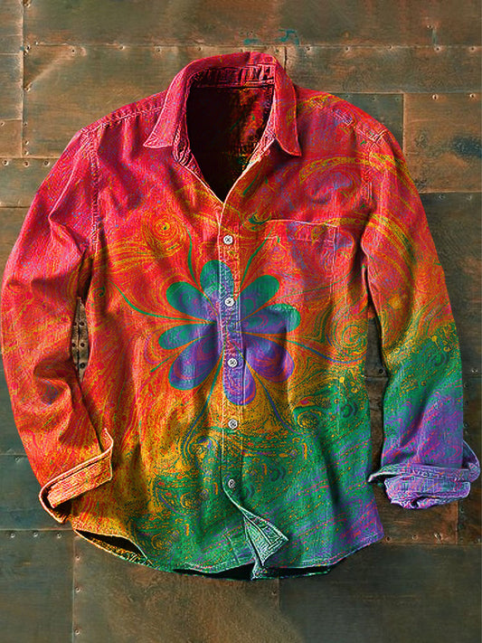 Men's Vintage Psychedelic Hippie Colorful Flower Print Casual Long Sleeve Shirt