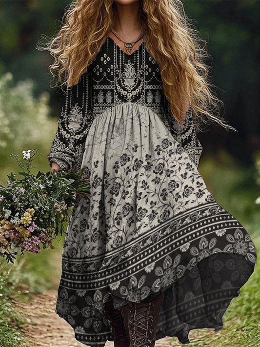 Retro Boho Floral Art Print Vintage Chic V-Neck Long Sleeve Midi Dress