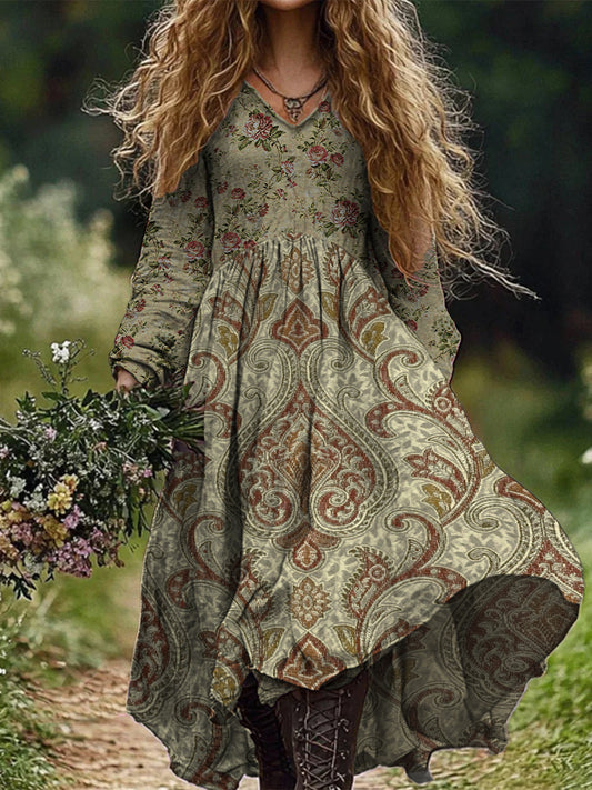 Retro Boho Floral Art Print Vintage Chic V-Neck Long Sleeve Midi Dress