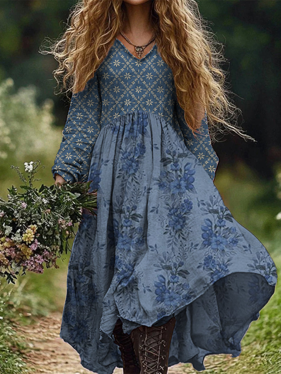 Retro Boho Floral Art Print Vintage Chic V-Neck Long Sleeve Midi Dress