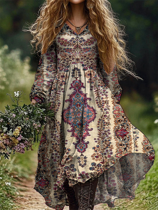 Vintage Floral Art Print V Neck Elegant Chic Loose Long Sleeve Midi Dress