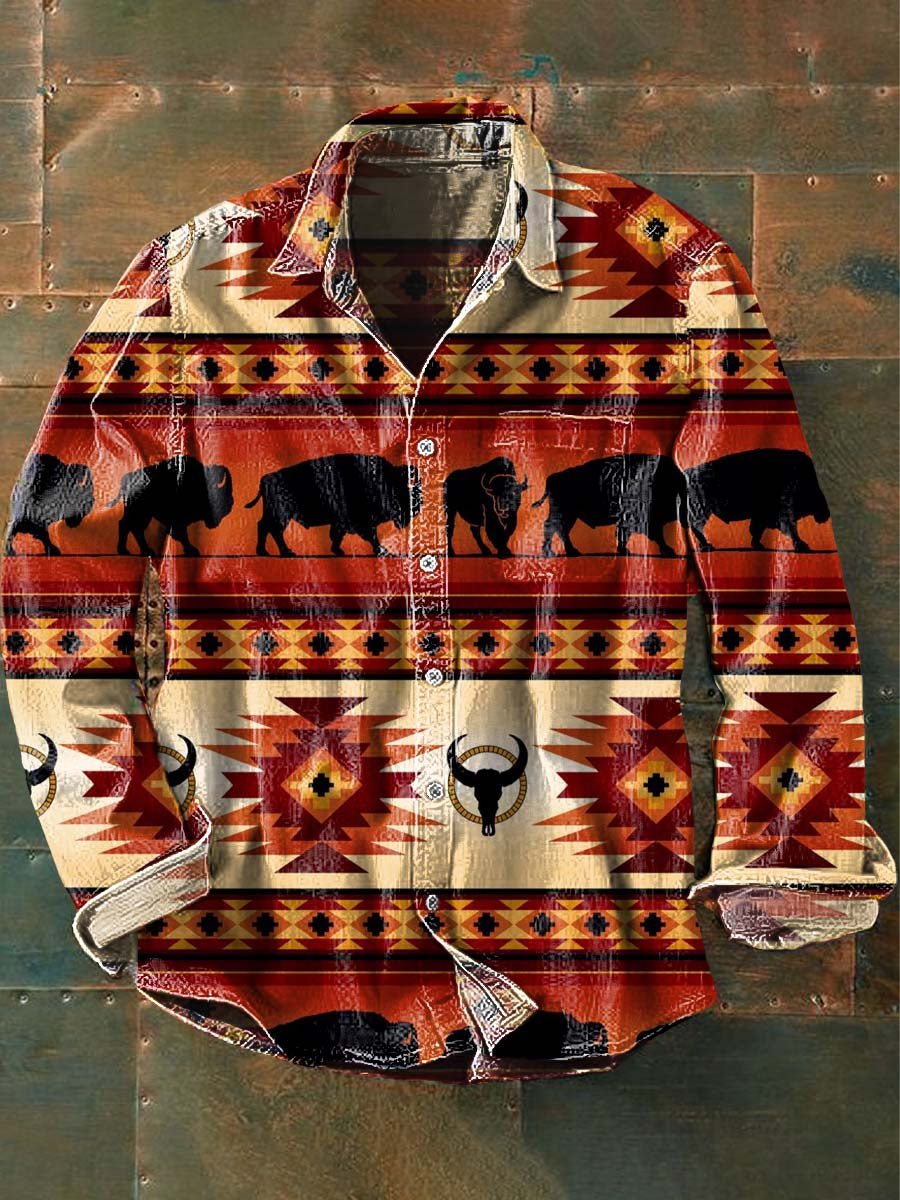 Men's Western Print Casual Lapel Long Sleeve Shirt