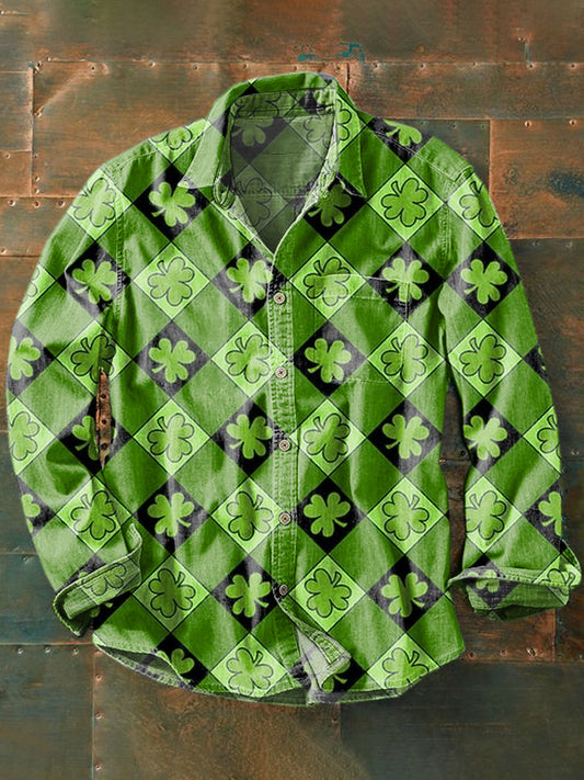 Unisex Lucky Four Leaf Clover Pattern Illustration Print Long Sleeve Shirt