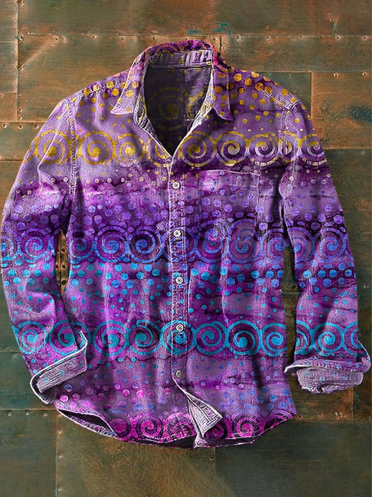 Men's Vintage Color Circle Print Casual Lapel Long Sleeve Shirt