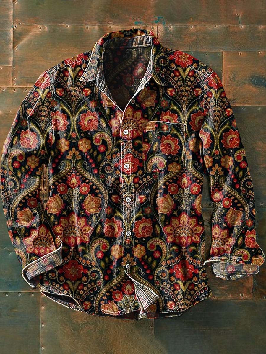 Men's Vintage Floral Print Casual Lapel Long Sleeve Shirt