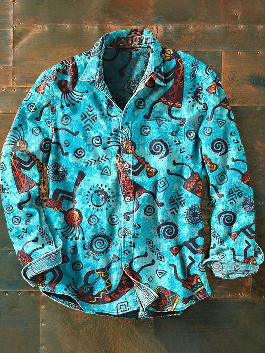 Mens Vintage Tribal Ethnic Print Casual Long Sleeve Shirt