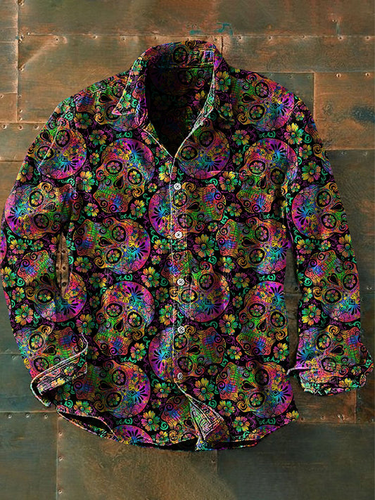 Men's Vintage Punk Hippie Colorful Skull Art Print Casual Long Sleeve Shirt