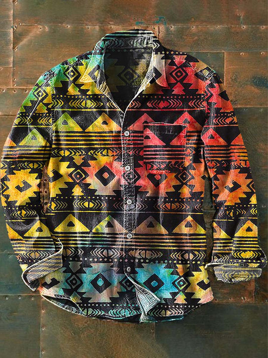 Men's Colorful Western Print Casual Lapel Long Sleeve Shirt