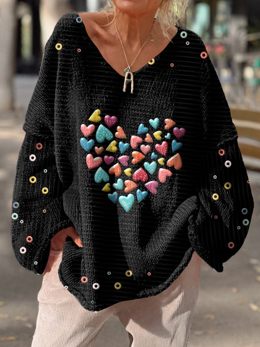 Women's Heart Art Print Chic V-Neck Casual Sweater Pullover