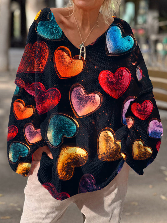 Women's Heart Art Print Chic V-Neck Casual Sweater Pullover