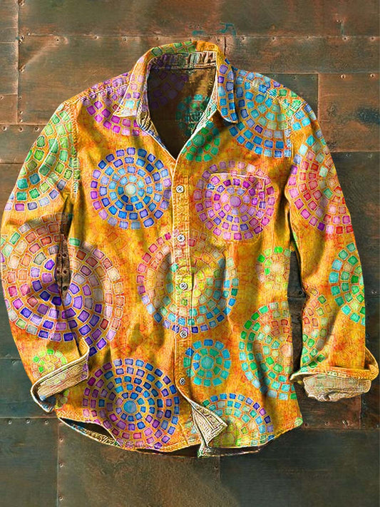 Men's Abstract Colorful Circle Print Casual Long Sleeve Shirt