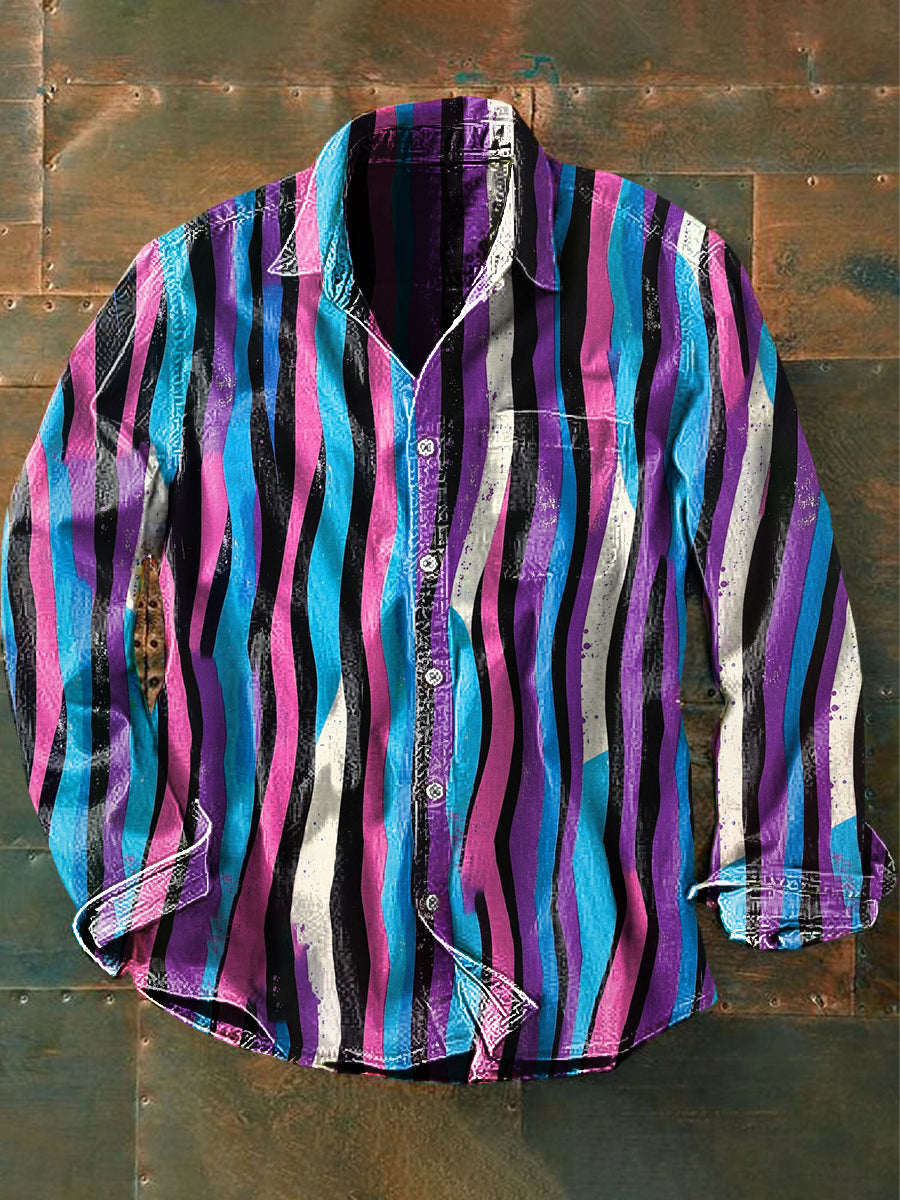 Unisex Men's  Vintage Purple Stripe Print Casual Long Sleeve Shirt