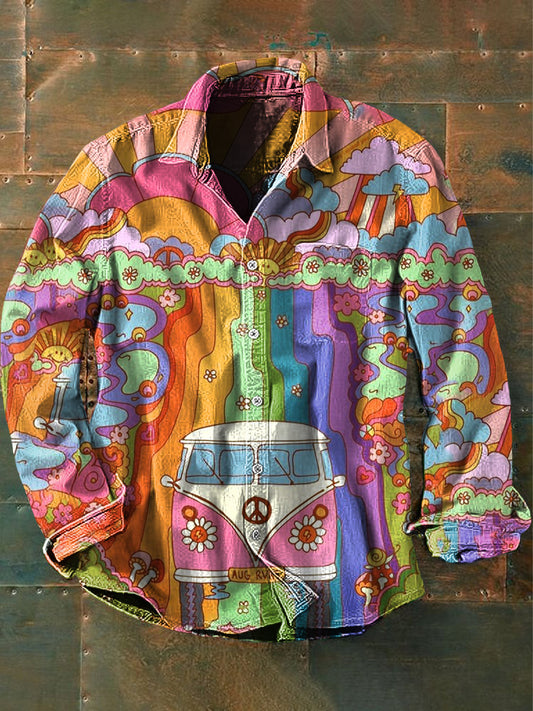 Men's Vintage Psychedelic Hippie Colorful Car Print Casual Long Sleeve Shirt