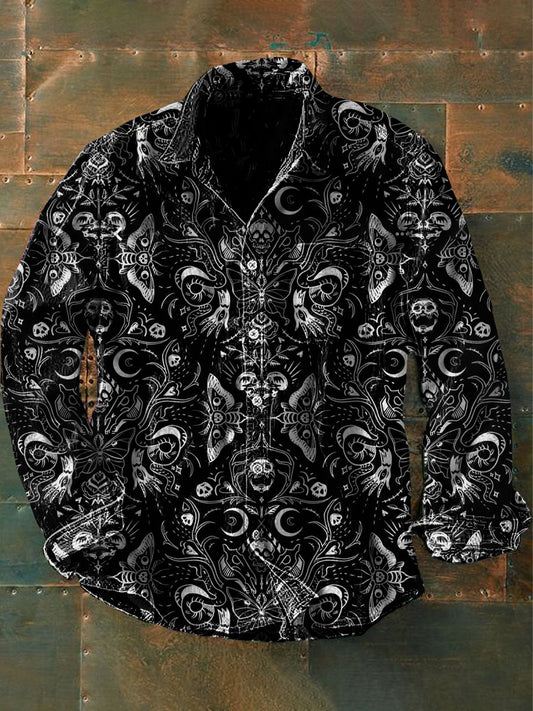 Men's Vintage Punk Gothic Butterfly Flower Art Print Casual Long Sleeve Shirt