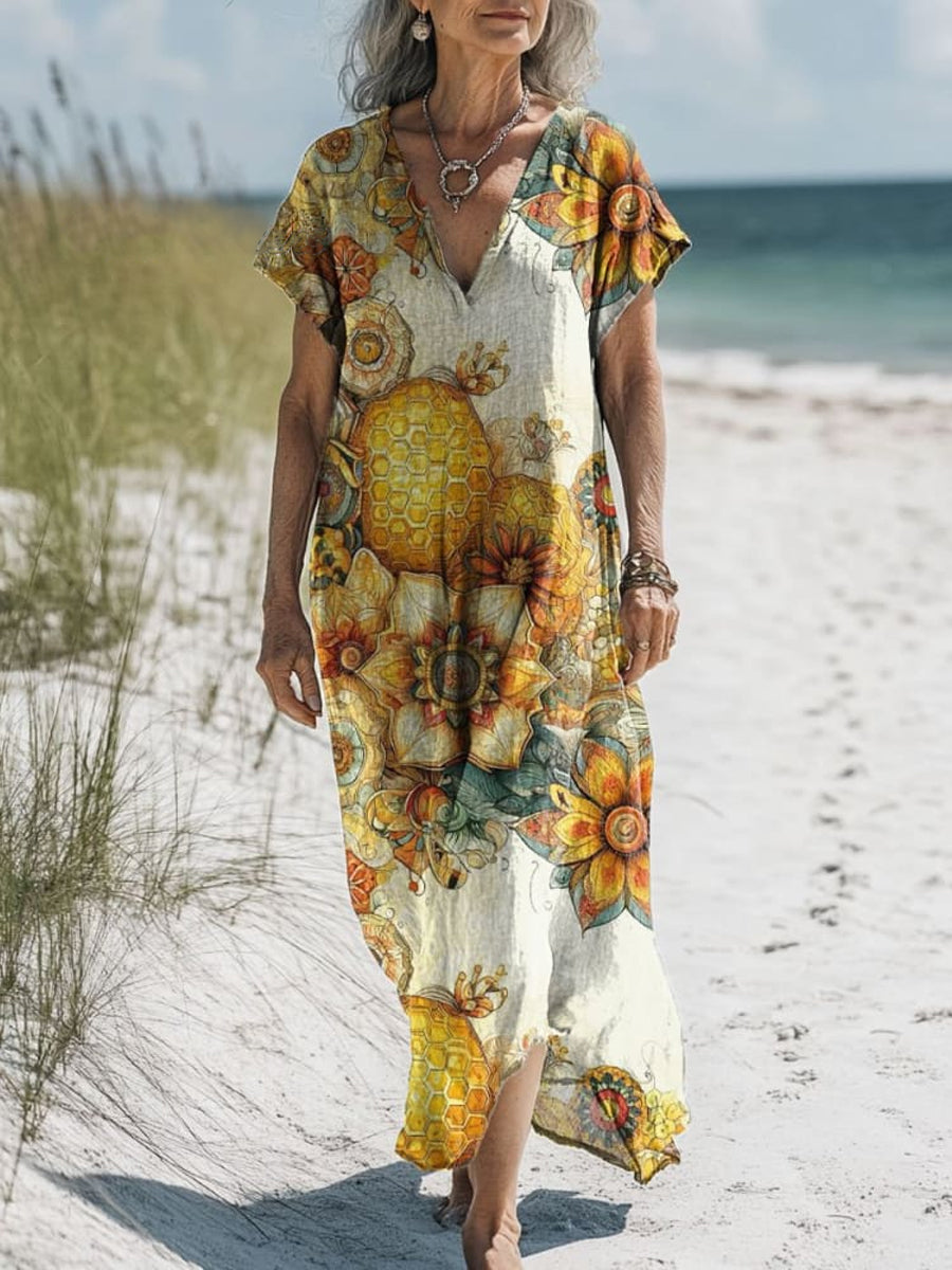 Retro Boho Floral Art Printed V-Neck Vintage Loose Long Sleeves Midi Dress