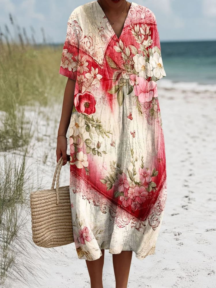 Retro Boho Floral Printed V-Neck Vintage Cotton Loose Long Sleeves Midi Dress